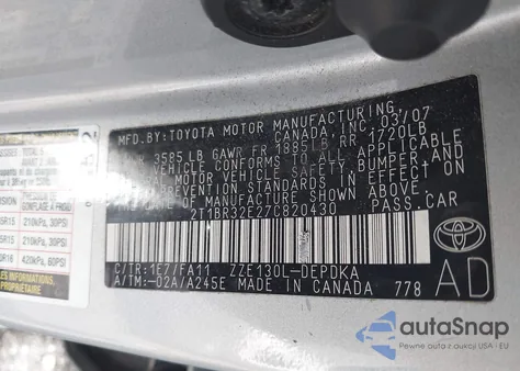 2007 Toyota Corolla Ce/Le/S из США, поврежденный, VIN 2T1BR32E27C820430